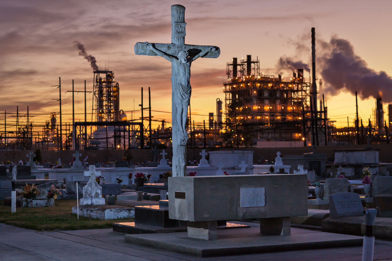 The Holy Rosary Cemetery next to a Dow Chemical plant in Taft, Louisiana, part of Cancer Alley.