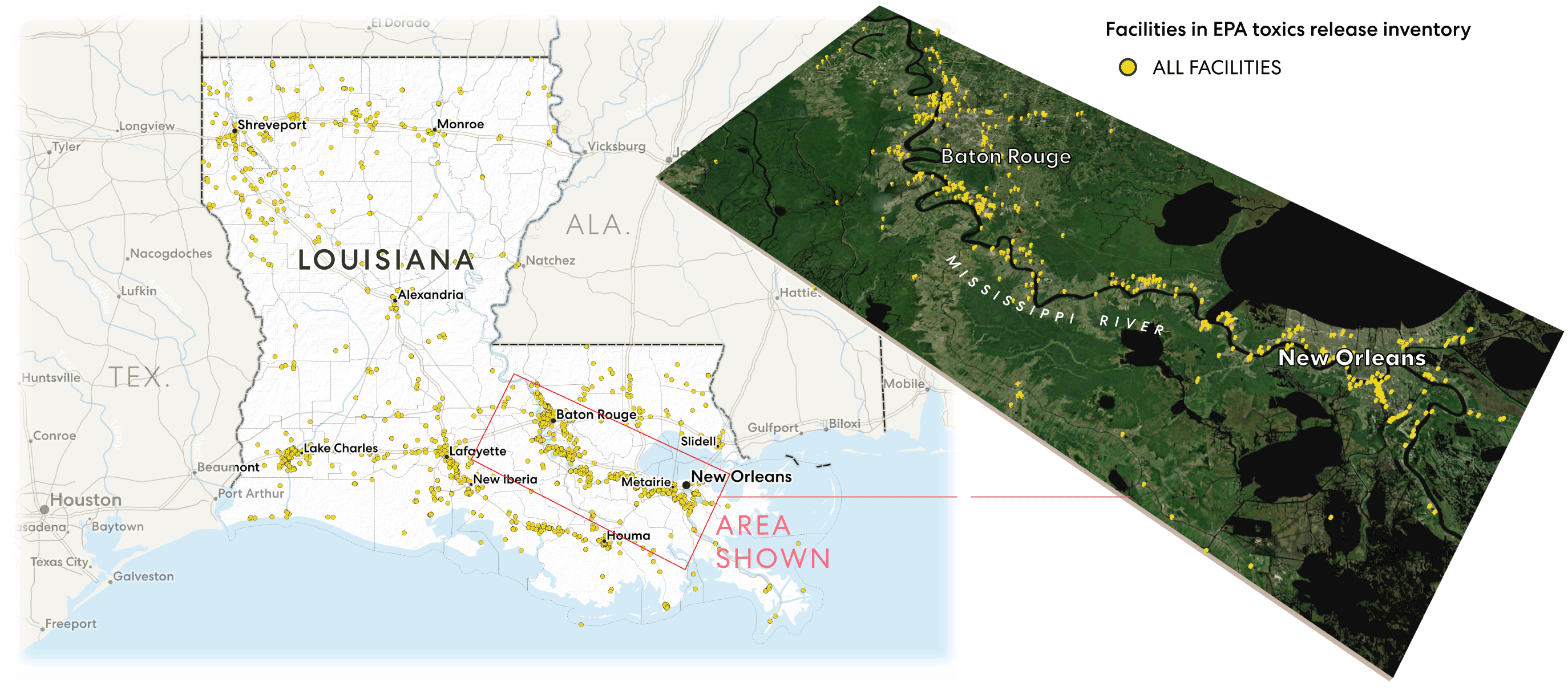 Map: Communities along the Mississippi River between Baton Rouge and New Orleans lie amid one of the most intense industrial zones in the country.
