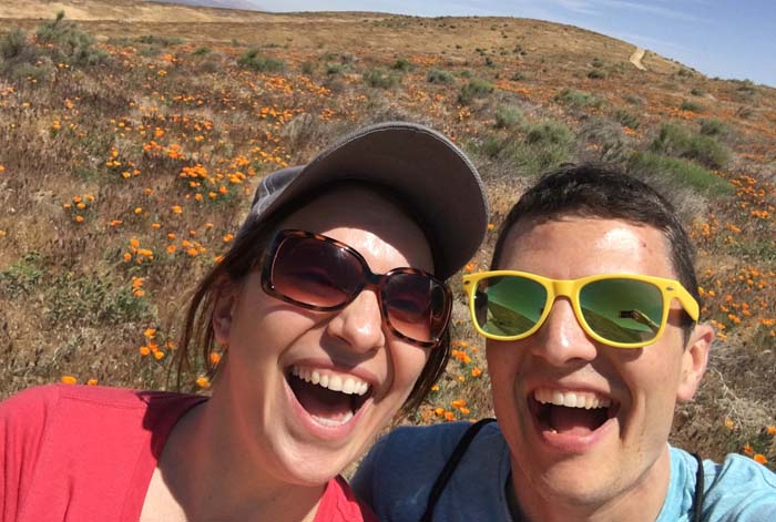 Ariana Kaiser Varnum with her husband at the Antelope Poppy Reserve in Southern California