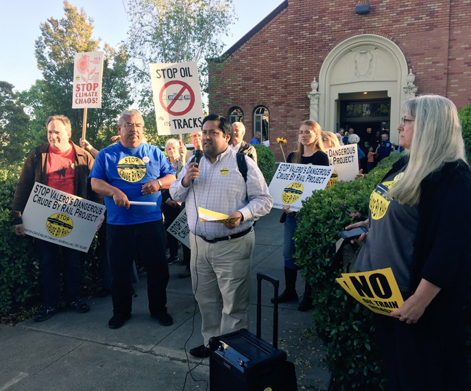 Berkeley City Councilmember Jesse Arreguín addressed the crowd at the rally outside Benicia City Hall.
