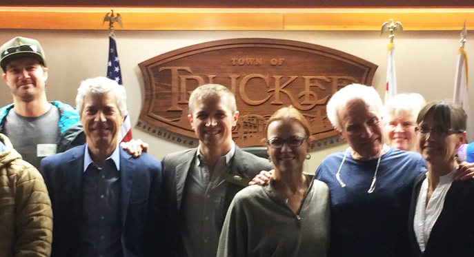 Mayor Morgan Goodwin in Truckee Town Council chambers with constituents