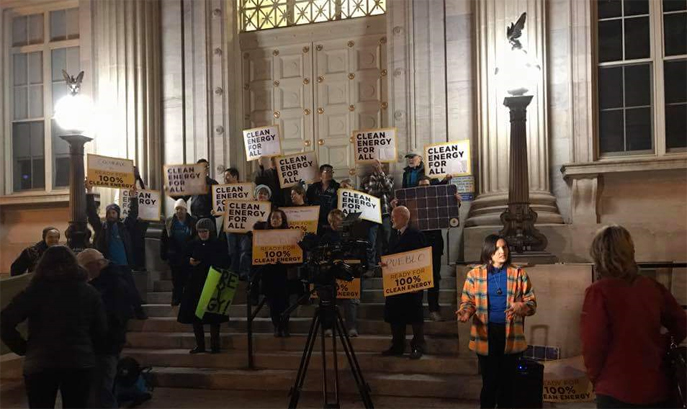 A rally for clean energy outside the Pueblo, Colorado city hall