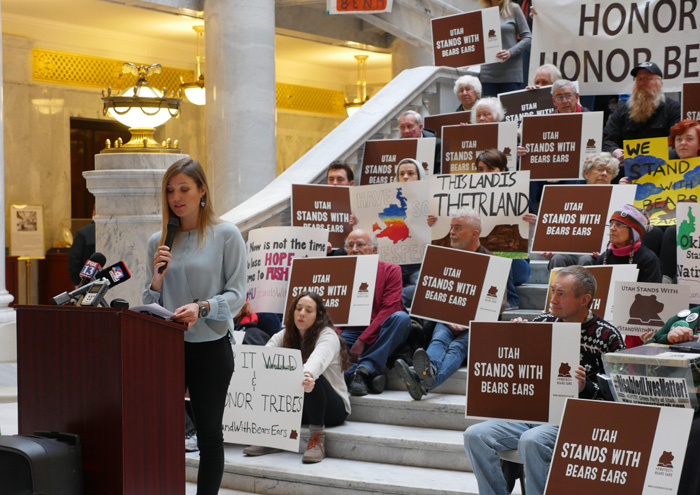 Utah Sierra Club director Ashley Soltysiak speaks at Jan 9 rally in support of national monuments