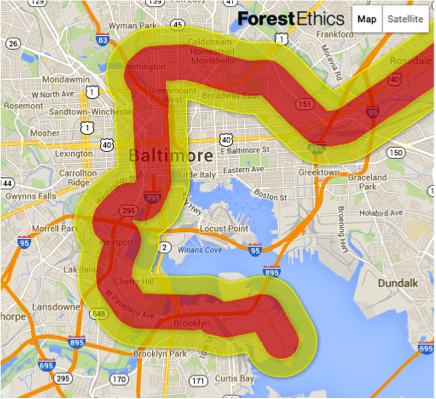 Oil train derailment explosion zones in Baltimore.