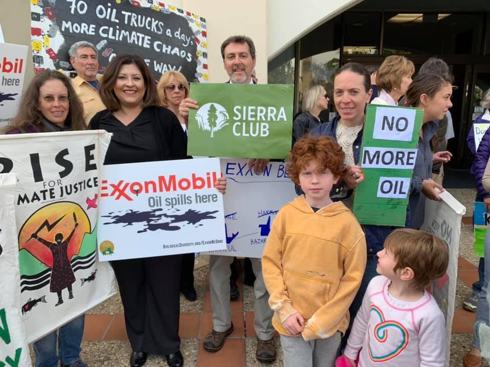 Sierrans Kate Mullin, Luz Reyes-Martin, Jon Ullman Emily Engel and her children at an Exxon Rally in front of the County Administration Building rallying against its trucking proposal on May 6, 2019. Photo by Gabriel Vargas