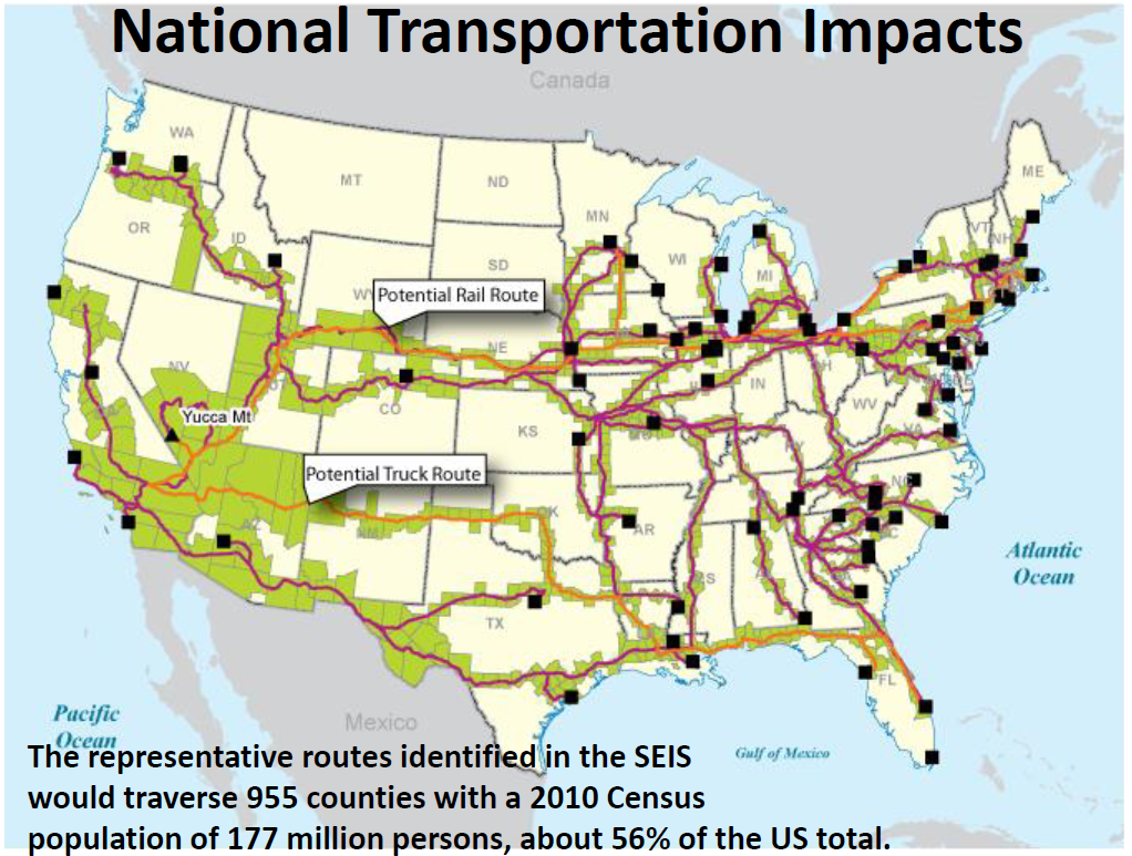 Nuclear waste transportation routes to Yucca Mtn.