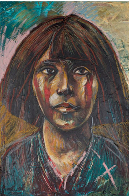 After Boarding School: In Mourning. Painting, Ka’ila Farrell-Smith, 2011, 36″ x 24.” Permanent Collection, Portland Art Museum.