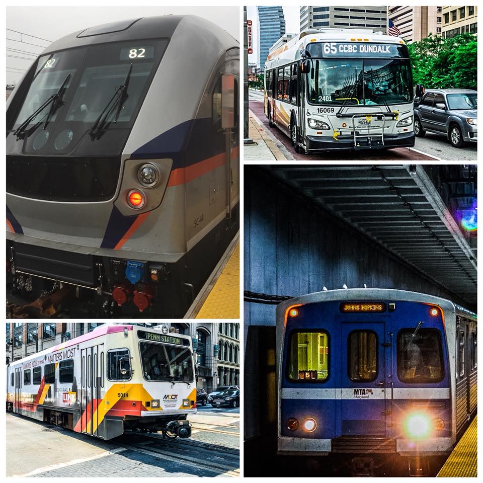 Marc train (top left) Baltimore Link bus (top left) Baltimore Link light rail (bottom left) metro subway (bottom right)