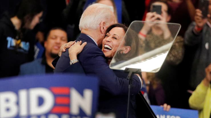 Democratic U.S. presidential candidate and former Vice President Joe Biden is greeted by U.S. Senator Kamala Harris during a campaign stop in Detroit, Michigan, March 9, 2020. Brendan McDermid | Reuters