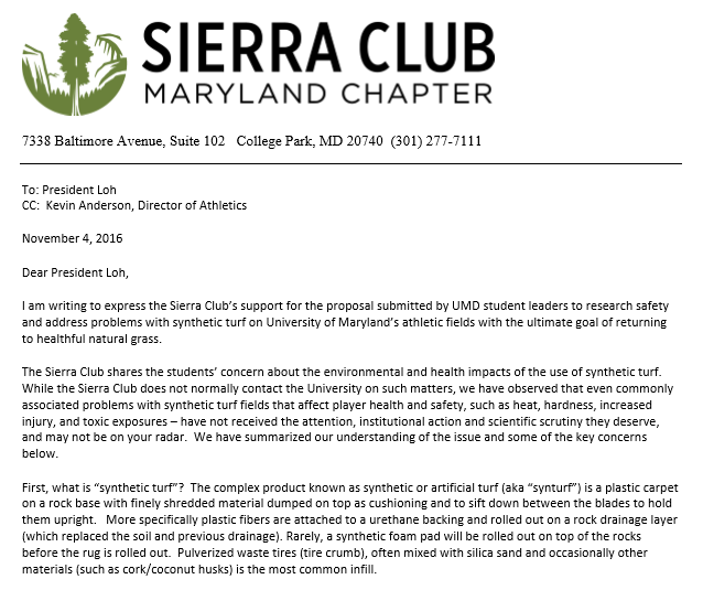 Snip of SC letter to University of Maryland re artificial turf