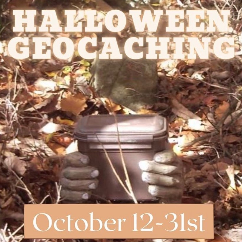 Text reads Halloween Geocaching with a picture of Frankenstein hands holding up a box over a background of fallen leaves 