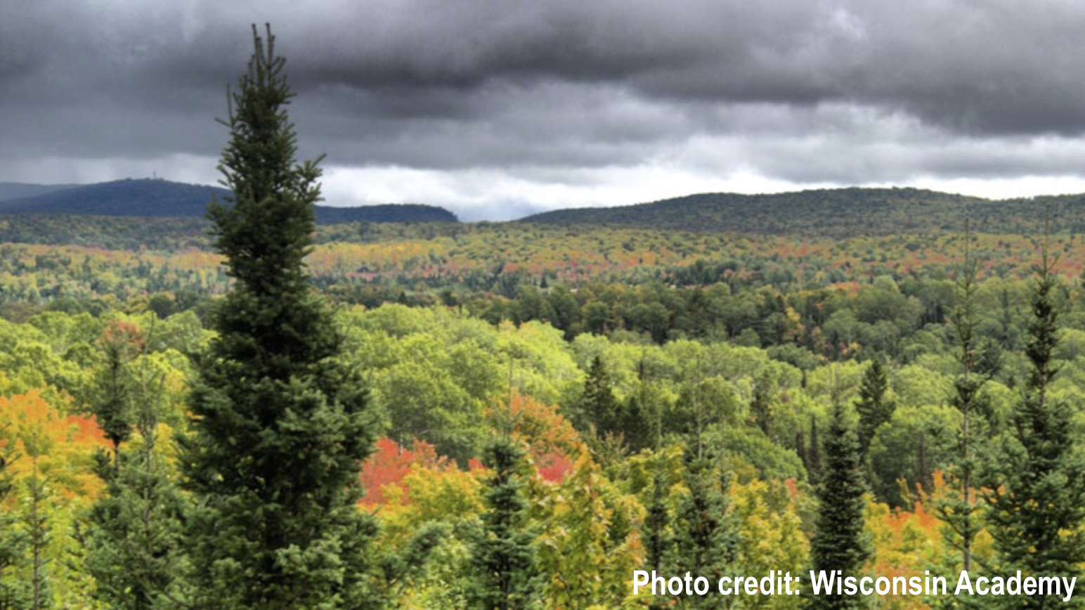Fall colors at the Penokee Range, showing forests and hills and approaching storm clouds