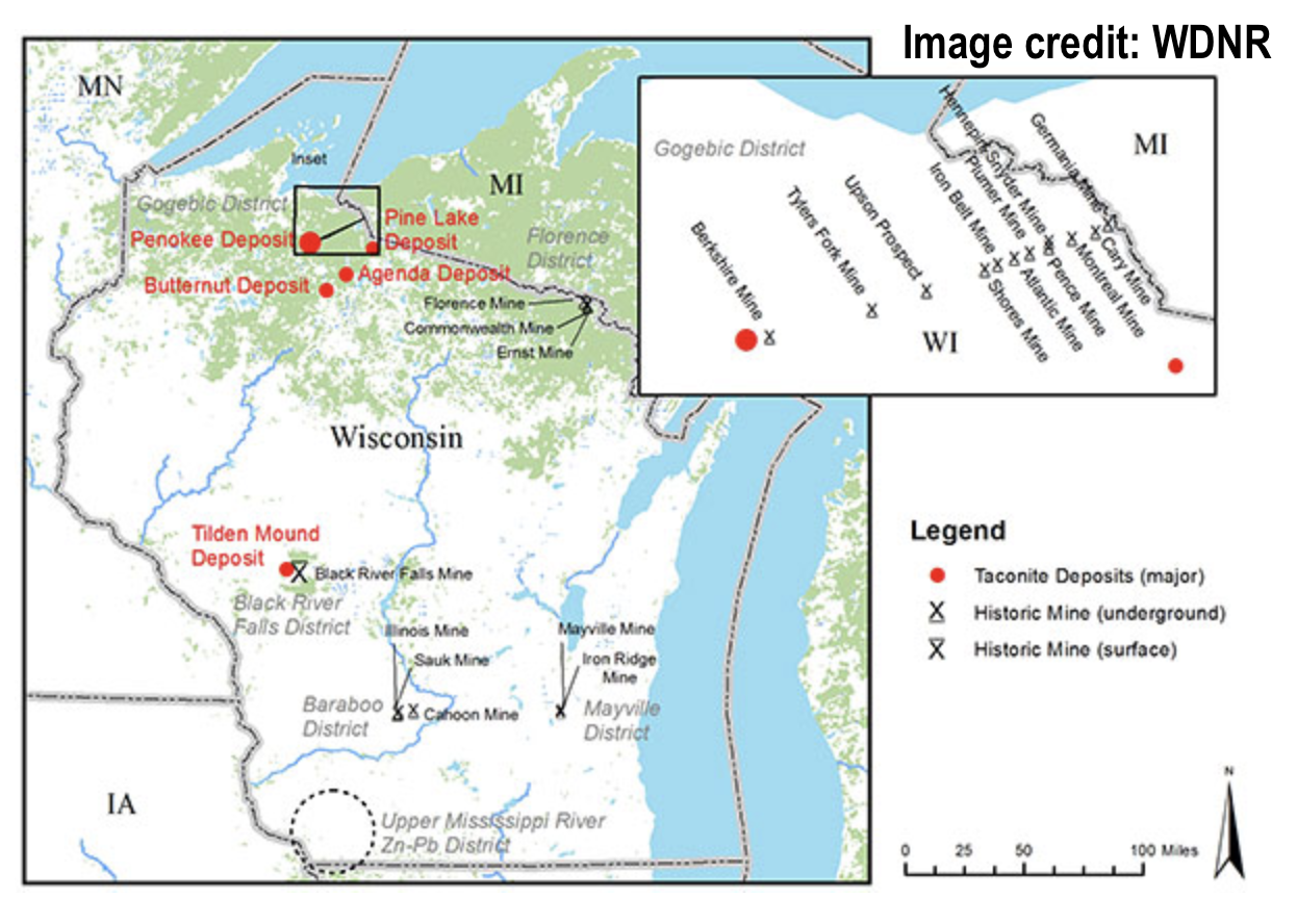 Map of metallic mines in Wisconsin