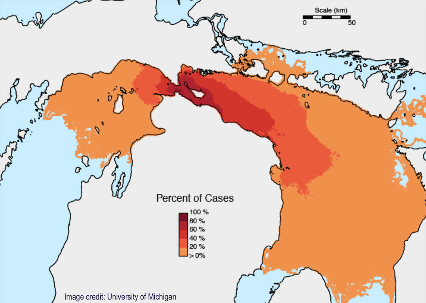 Map indicating how far oil would spread if a spill occurred in the straits. It covers much of Lakes Michigan and Huron