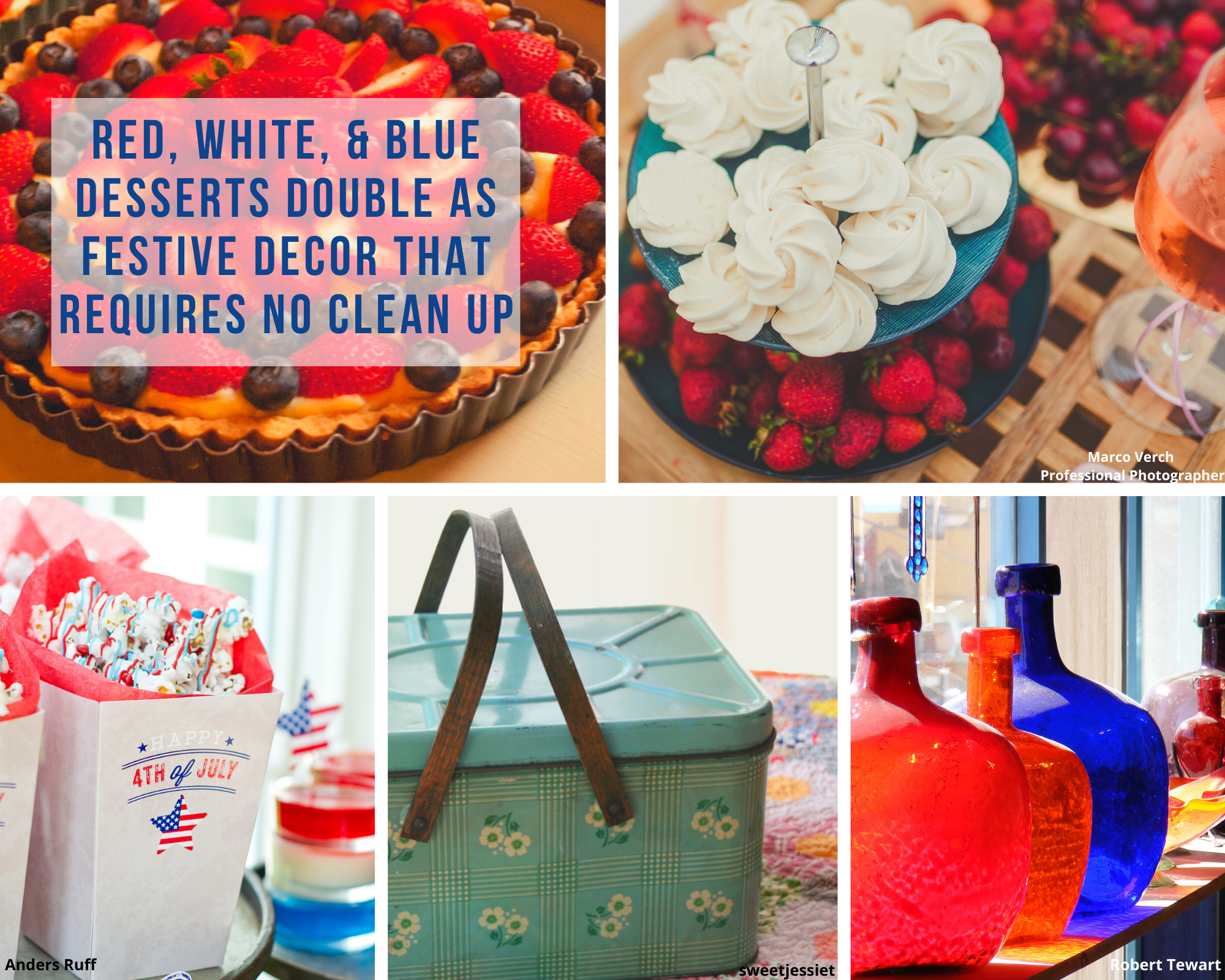 Photo collage of red, white, & blue deserts and serveware