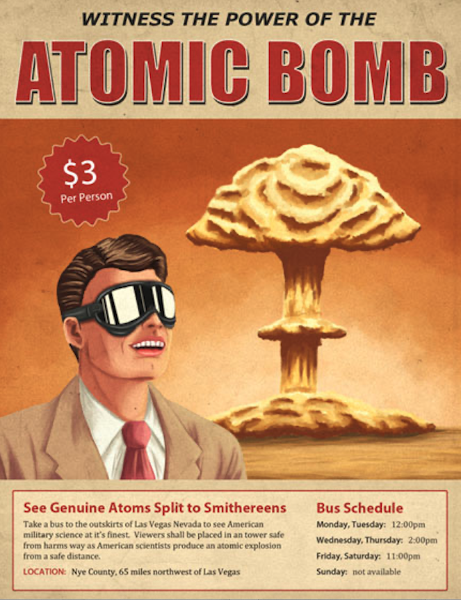 A promotional flyer encouraging Las Vegas visitors to safely view atomic blasts.