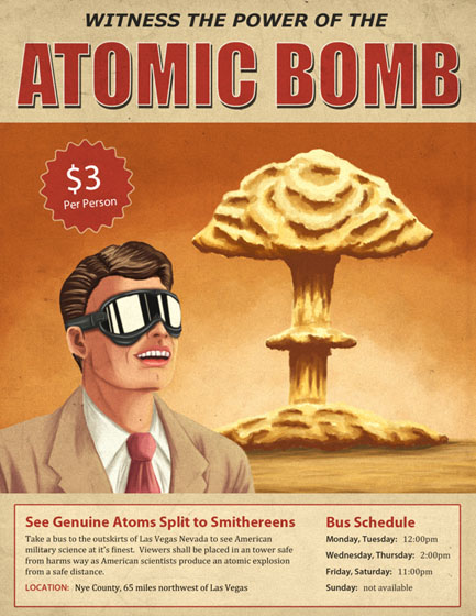 Witness Atomic Bombs: A promotional flyer encouraging Las Vegas visitors to safely view atomic blasts.