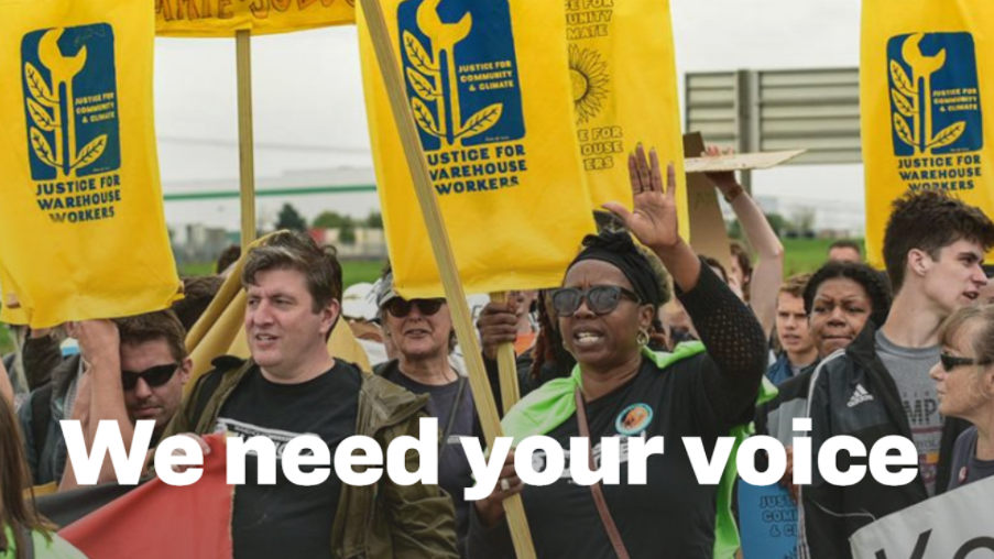 We Need you voice letters on background of activists gathering with signs