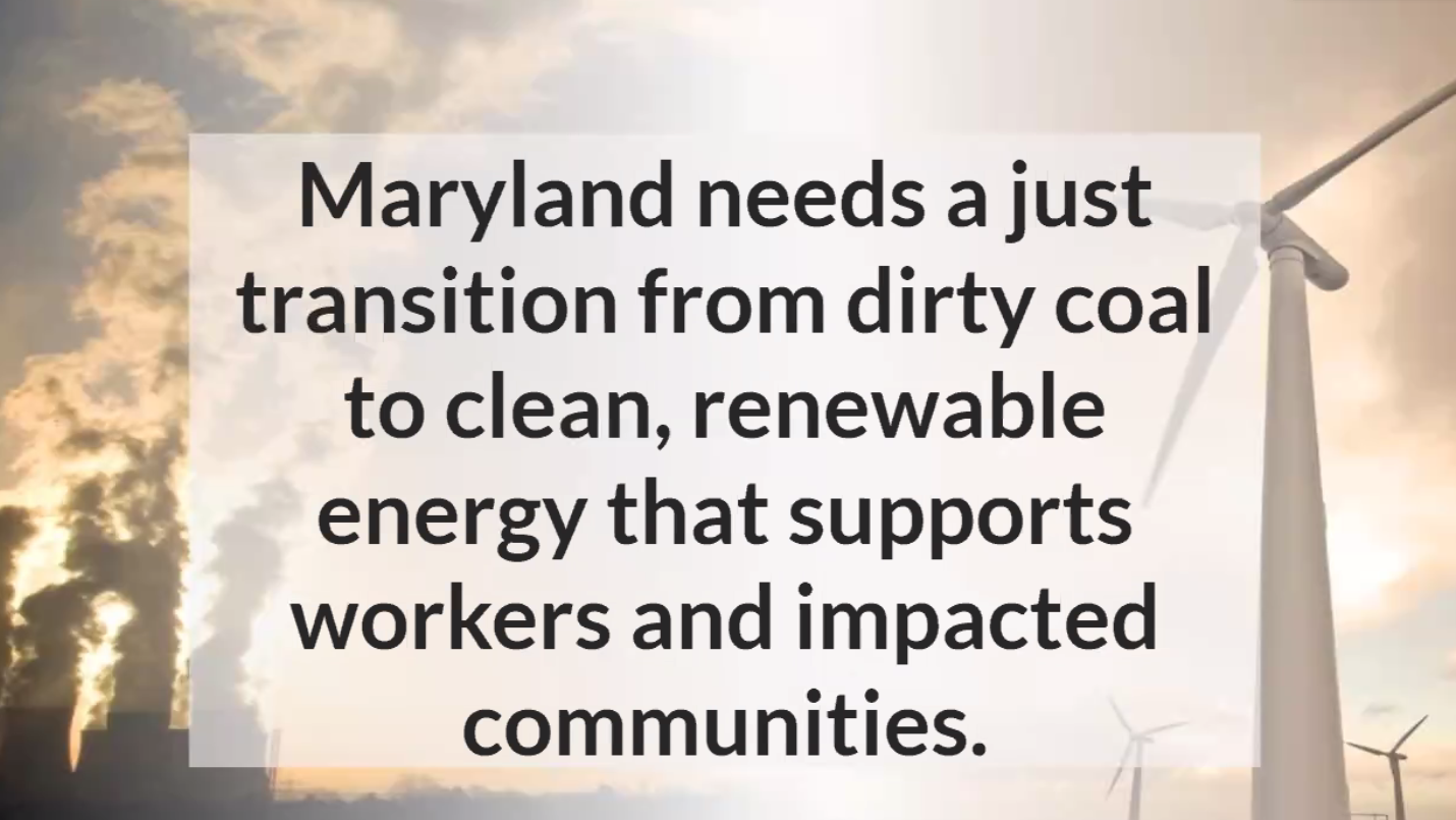 Image of coal plant smoke and wind turbines with quote about just transition