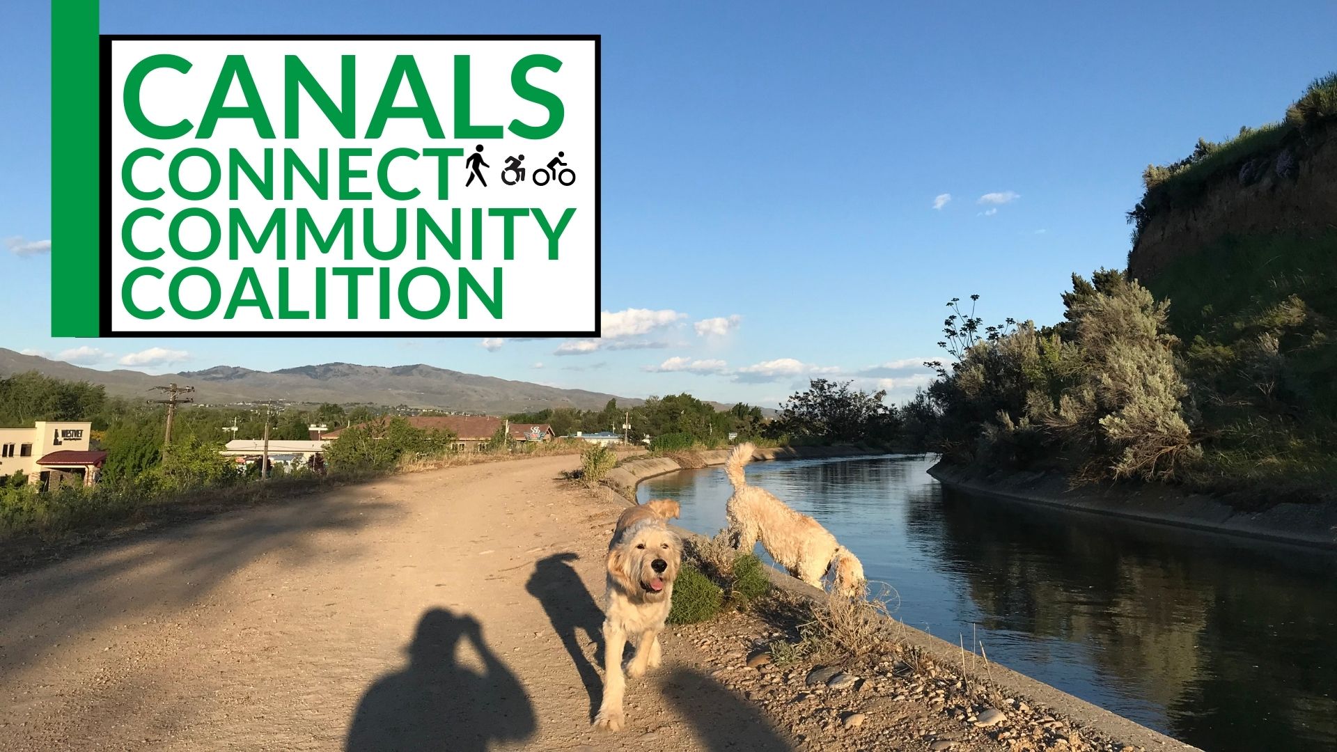 Canal Connects Community Coalition graphic with dog running by canal