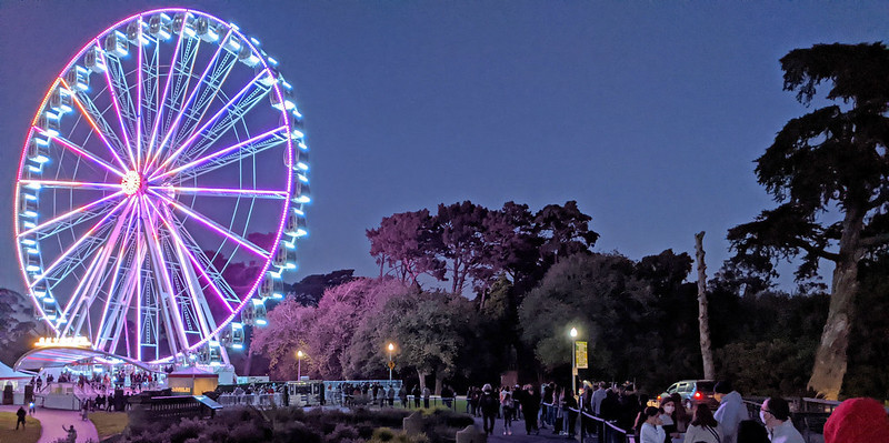 The SkyStar Observation Wheel brightly lit in Golden Gate Park on a Decemeber night. 