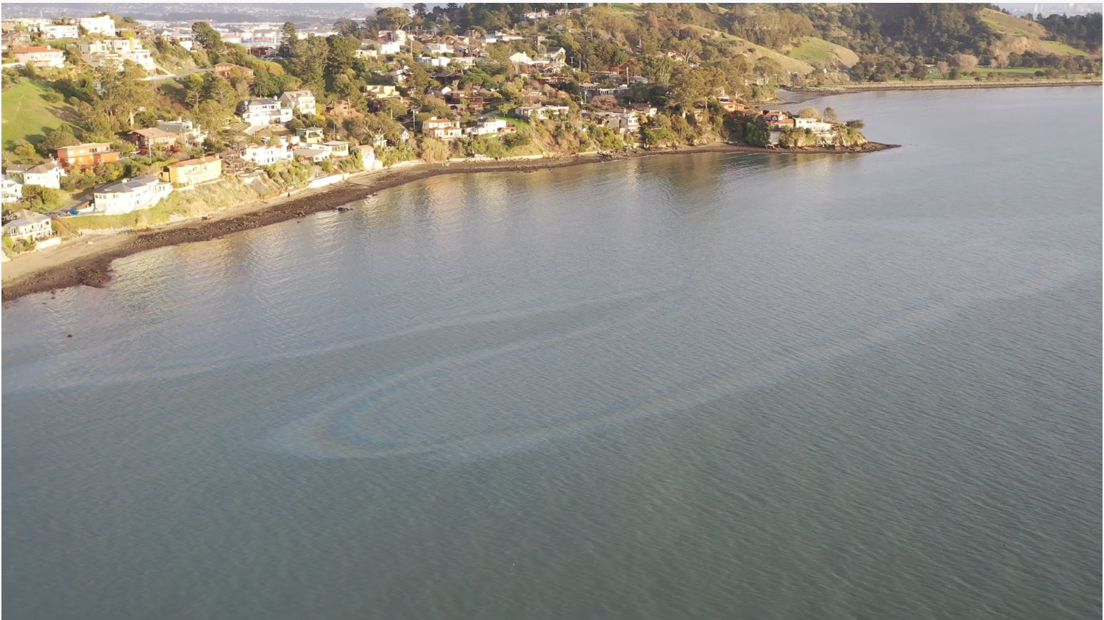 Aerial shot of the oil spill in the San Francisco Bay near Richmond and San Pablo