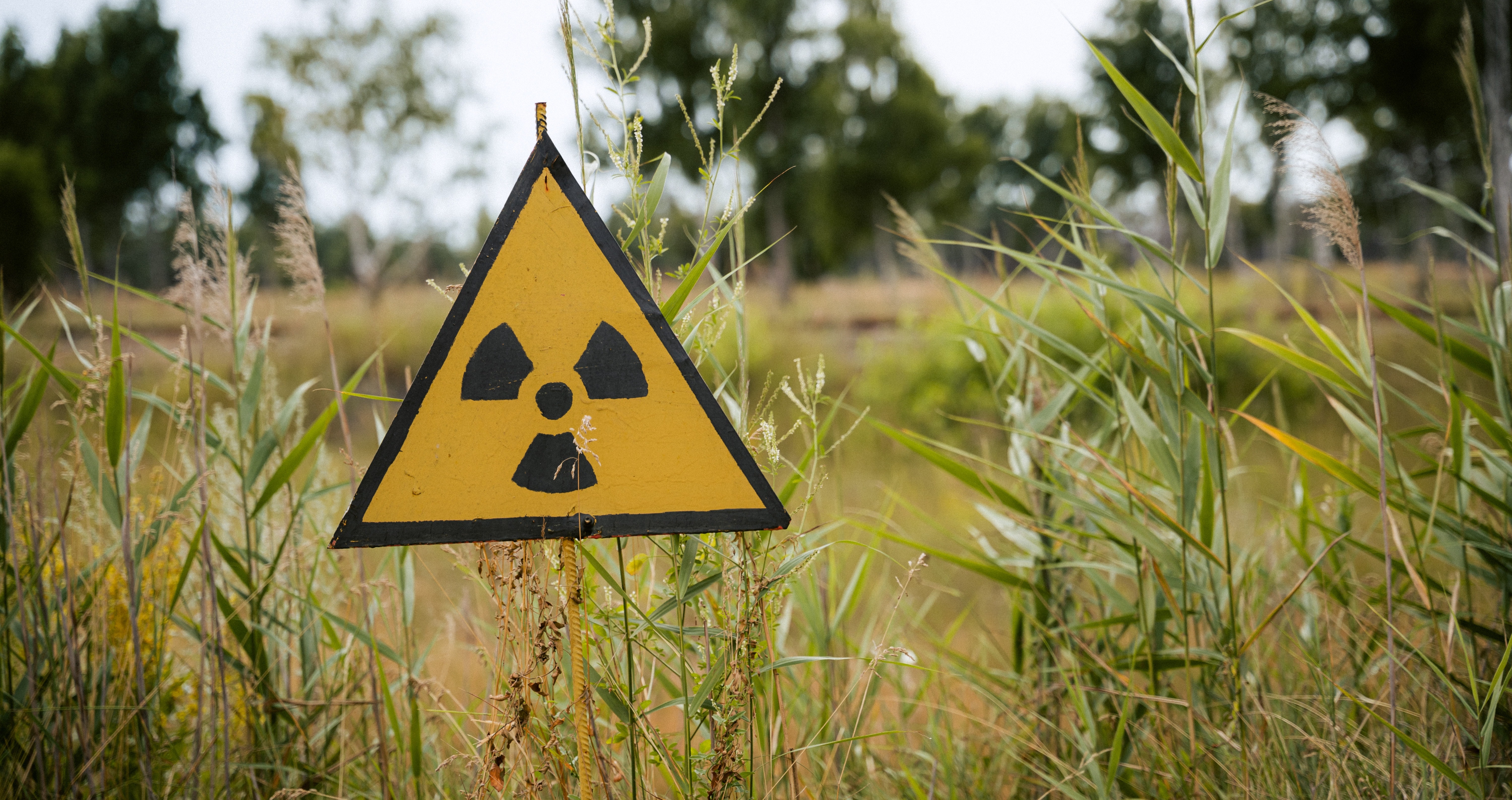 A radioactive sign in a field of grass