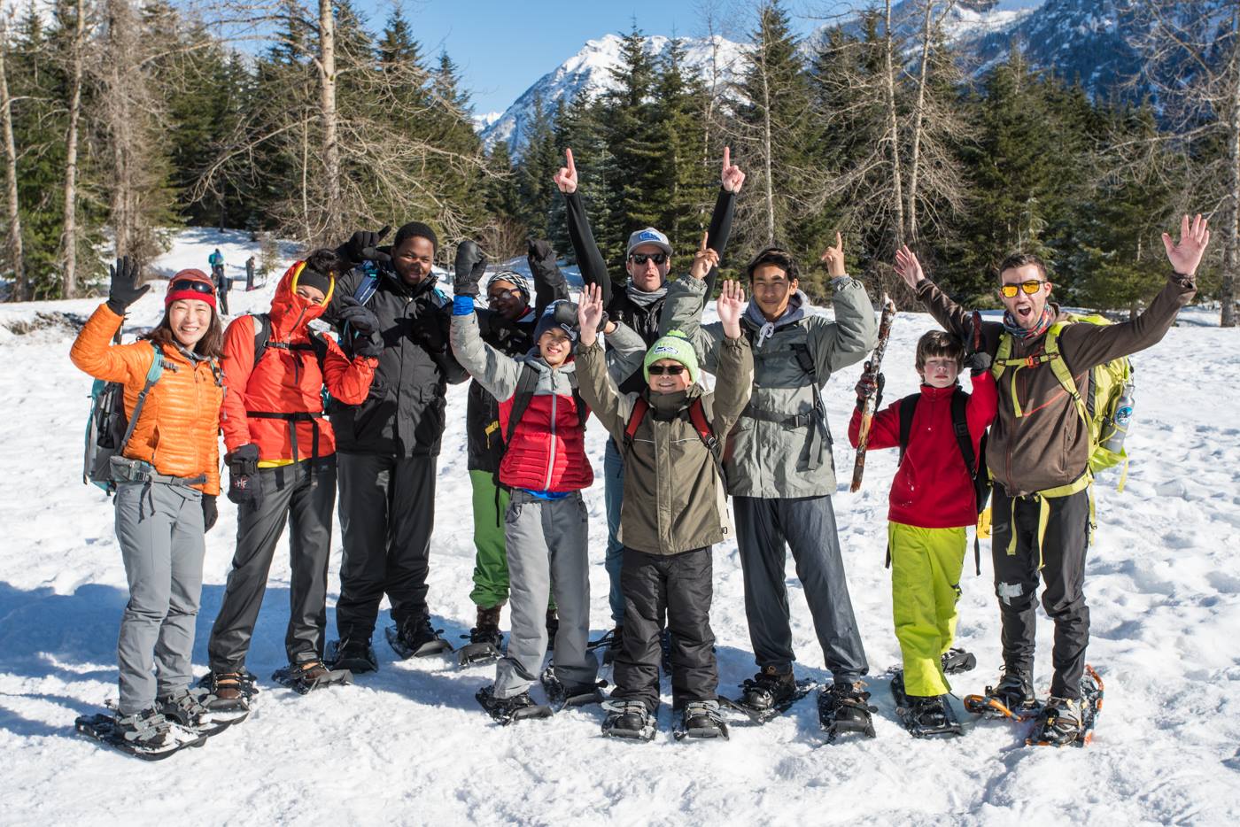 Seattle ICO students snowshoeing at Snoqualmie Pass in Washington.
