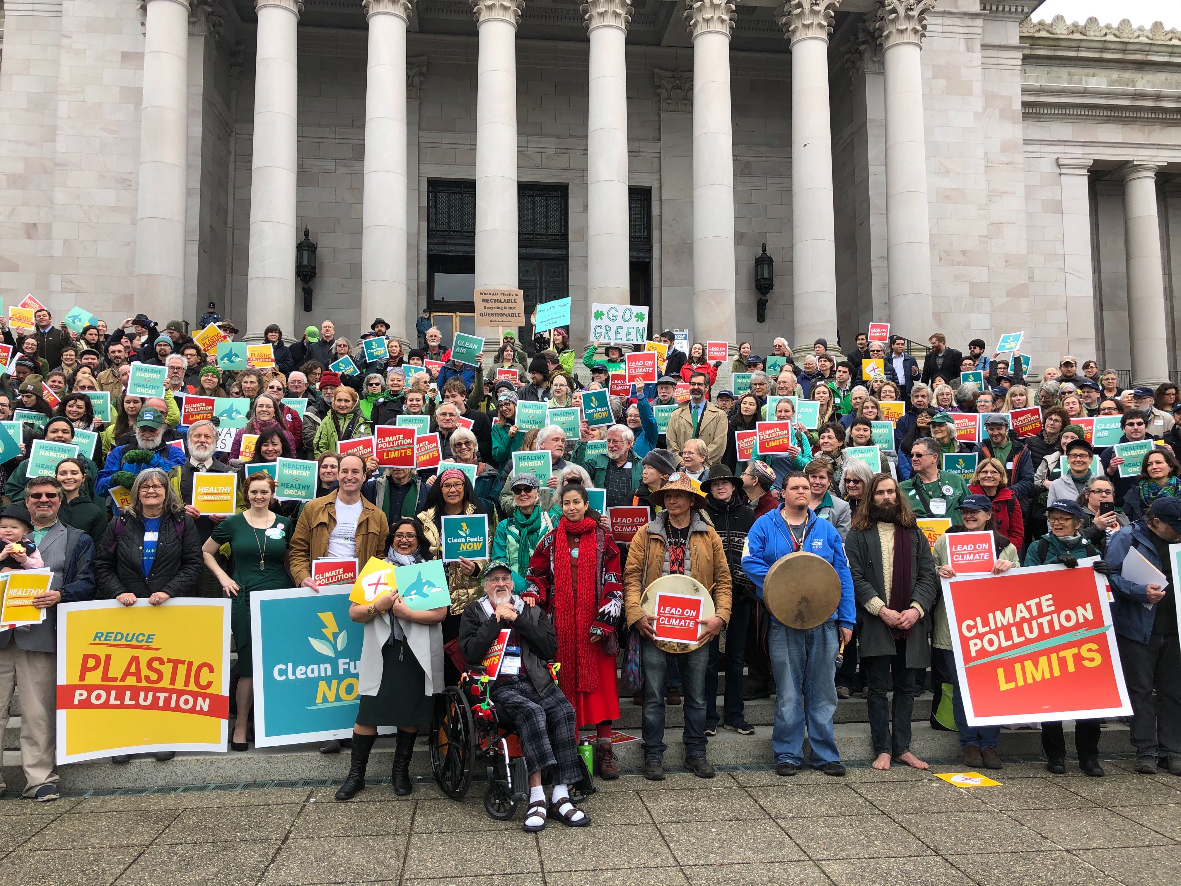 Lobby day participants standing on the steps of the Washington state capitol