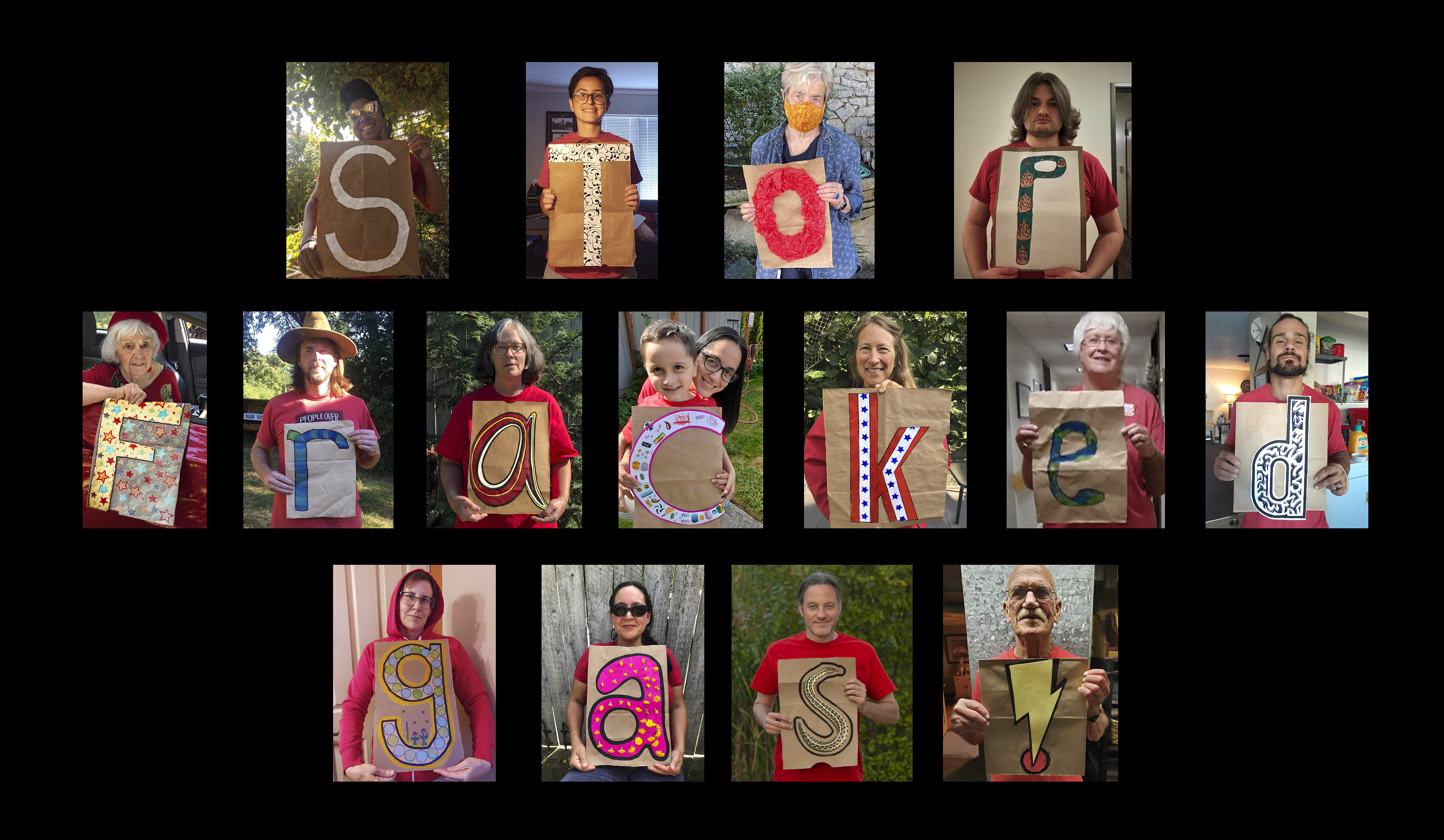 Selfie Sign of Kalama Methanol Refinery Activists--together it reads "Stop Fracked Gas"