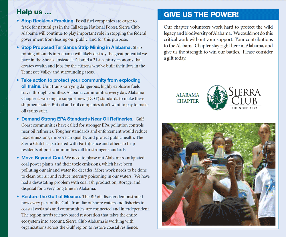 Help the Alabama Sierra Club Protect the Alabama Environment
