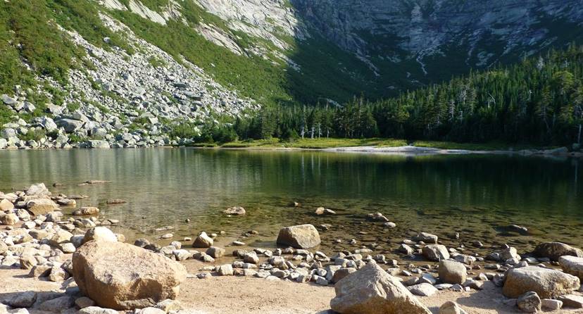 Chimney Pond, with The Knife Edge 2400' above left and Baxter Peak above center. Taken the day before the Knife Edge image above.