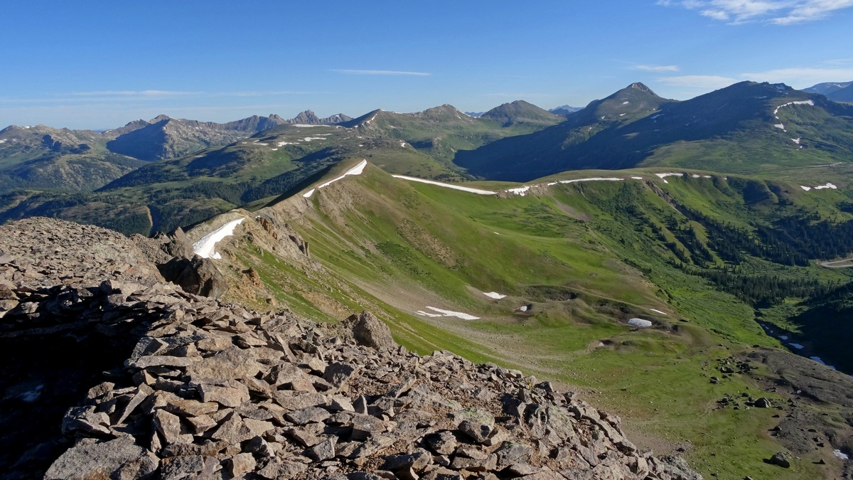 Looking northeast from summit 13,050'. Independence Pass is at the right edge of this picture