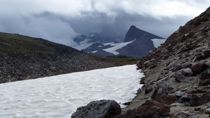 Crossing Spray Park at the northwest corner of the Wonderland, day 5. The trail is visible at the right side of the snow field.