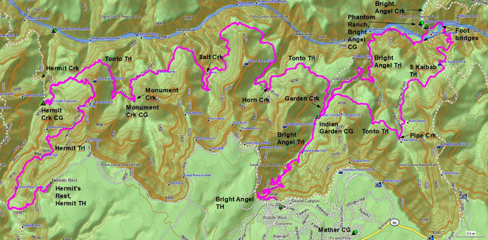 Map of Hermit/Tonto/Bright Angel/S Kaibab trails route.