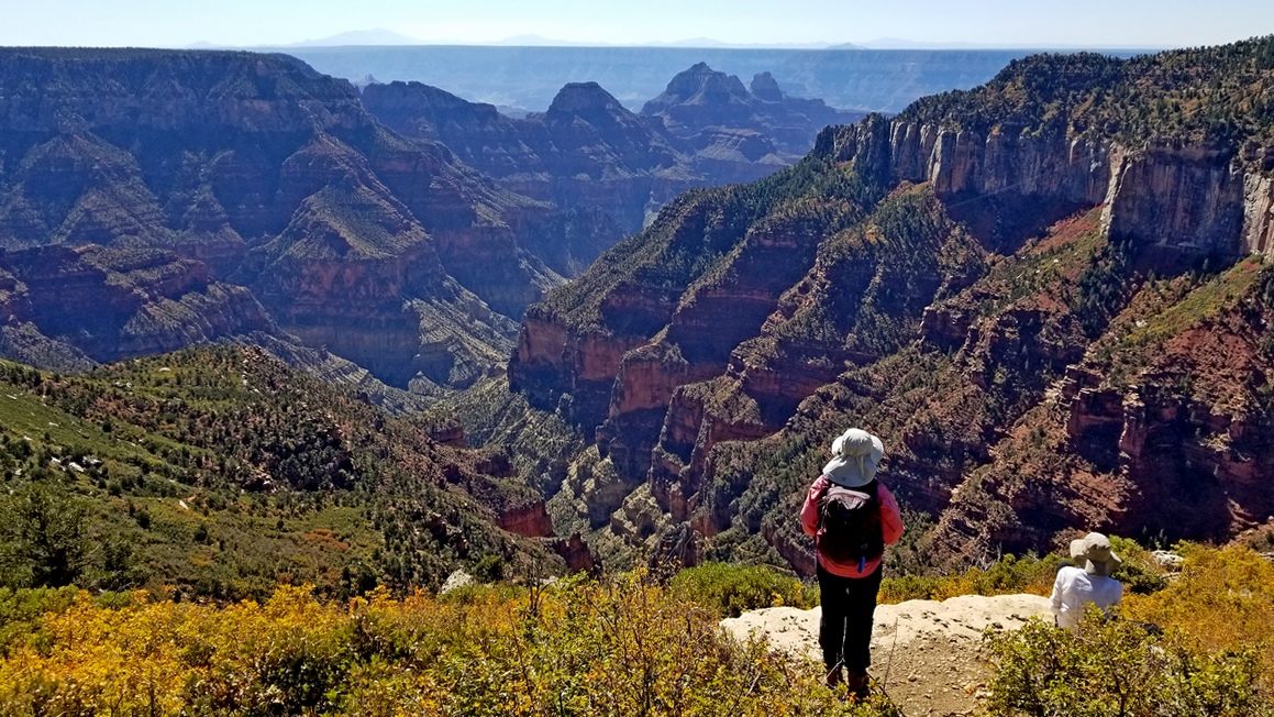 Hiking buddies at Uncle Jim Point, looking south down Roaring Springs Canyon