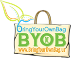 Sketch of a bag with text "Bring your own bag BYOB". There are leaves off one corner.