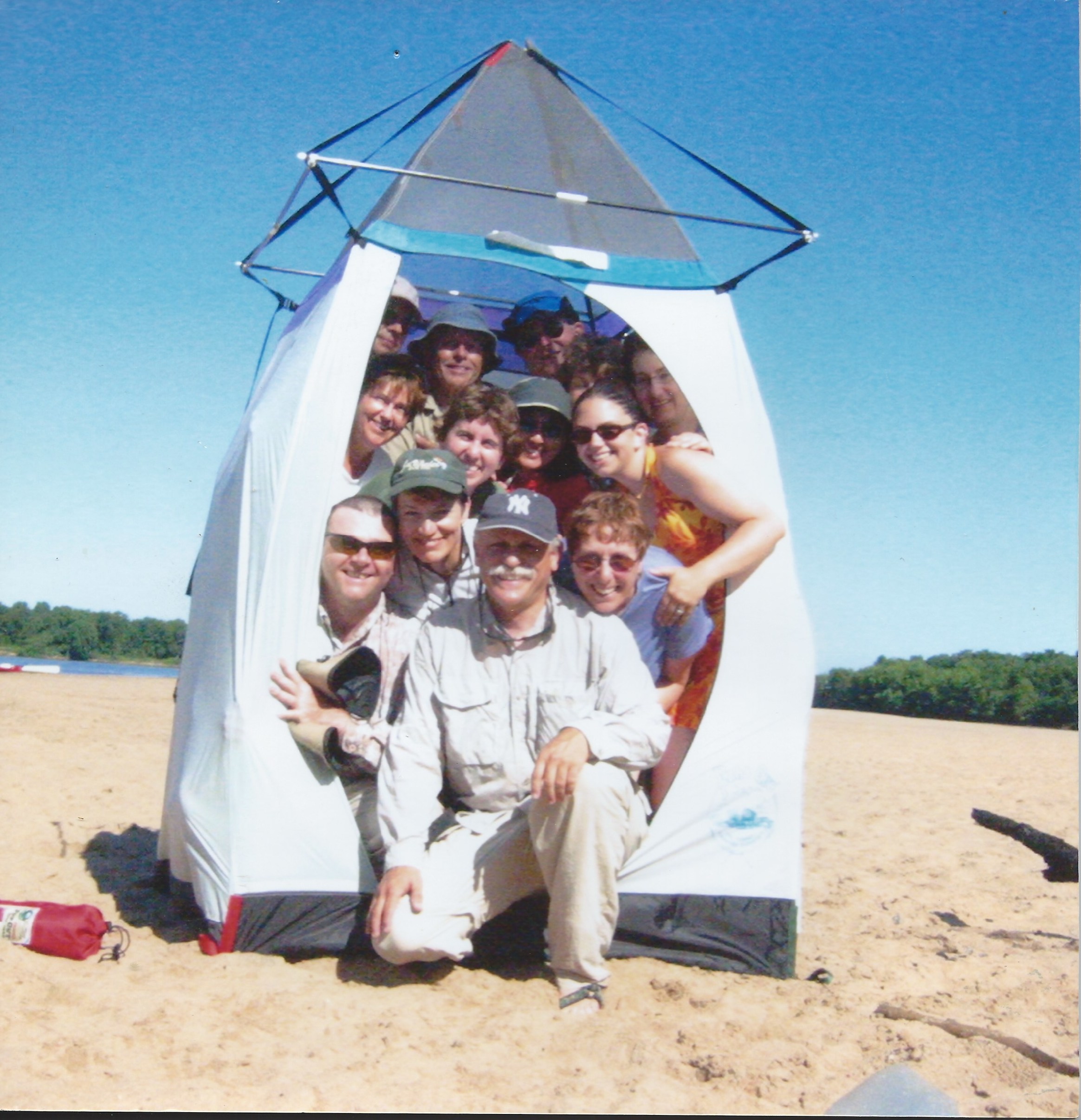 Campers on Wisconsin River in "outhouse tent"