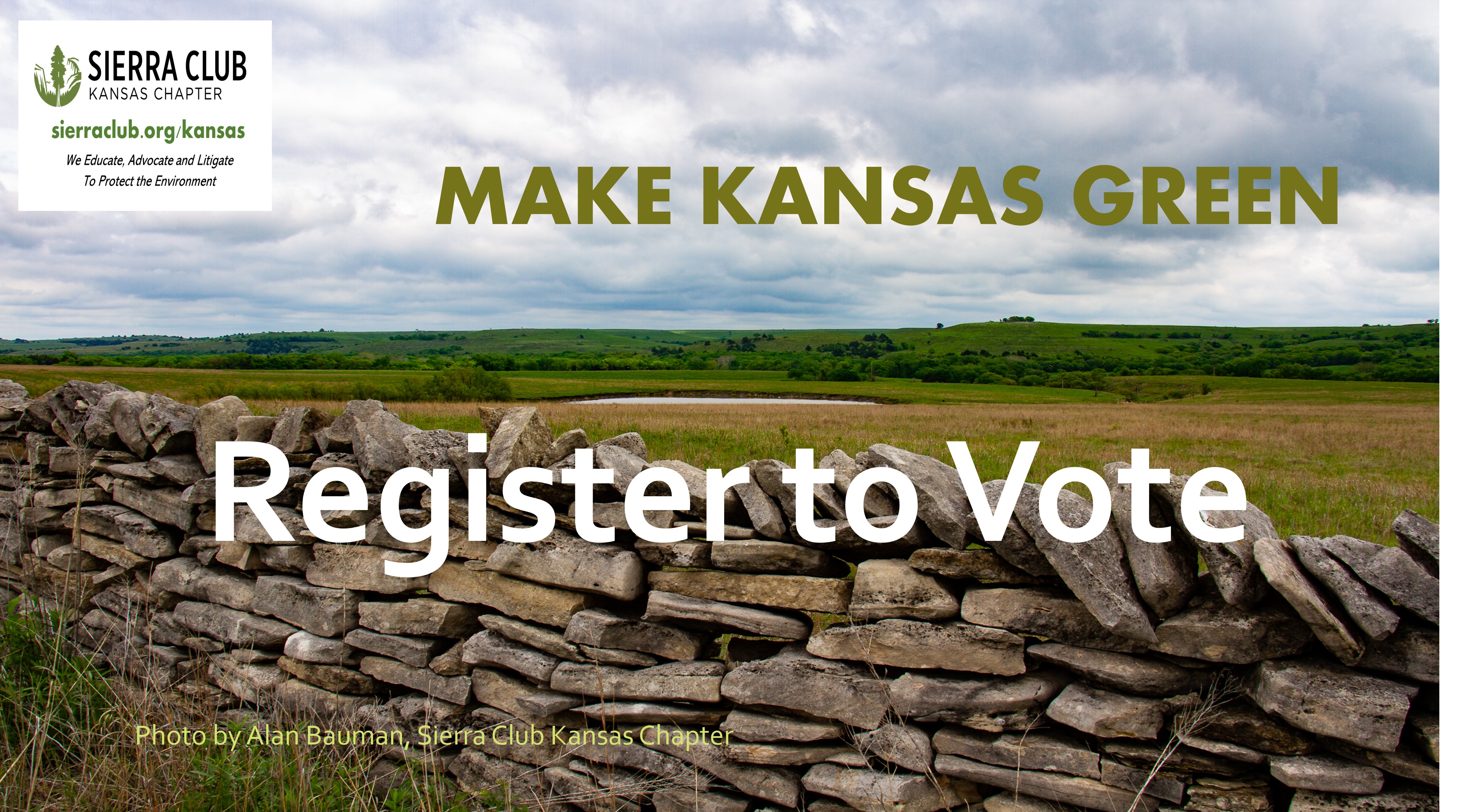 Make Kansas Green, register to vote, rock wall in Kansas prairie
