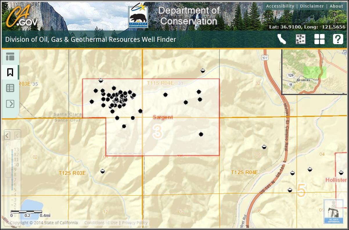 Sargent Field well map – note Highway 101 and Hollister on the right(from California Division of Oil, Gas, and Geothermal Resources)
