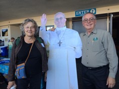 Chapter presenters Karen Maki and Bill Buchholz thank the Pope for his recent Encyclical on Climate Change and for attending the Soil Not Oil International Conference. Photo: Janet Buchholz Chapter presenters Karen Maki and Bill Buchholz thank the Pope for his recent Encyclical on Climate Change and for attending the Soil Not Oil International Conference. Photo: Janet Buchholz