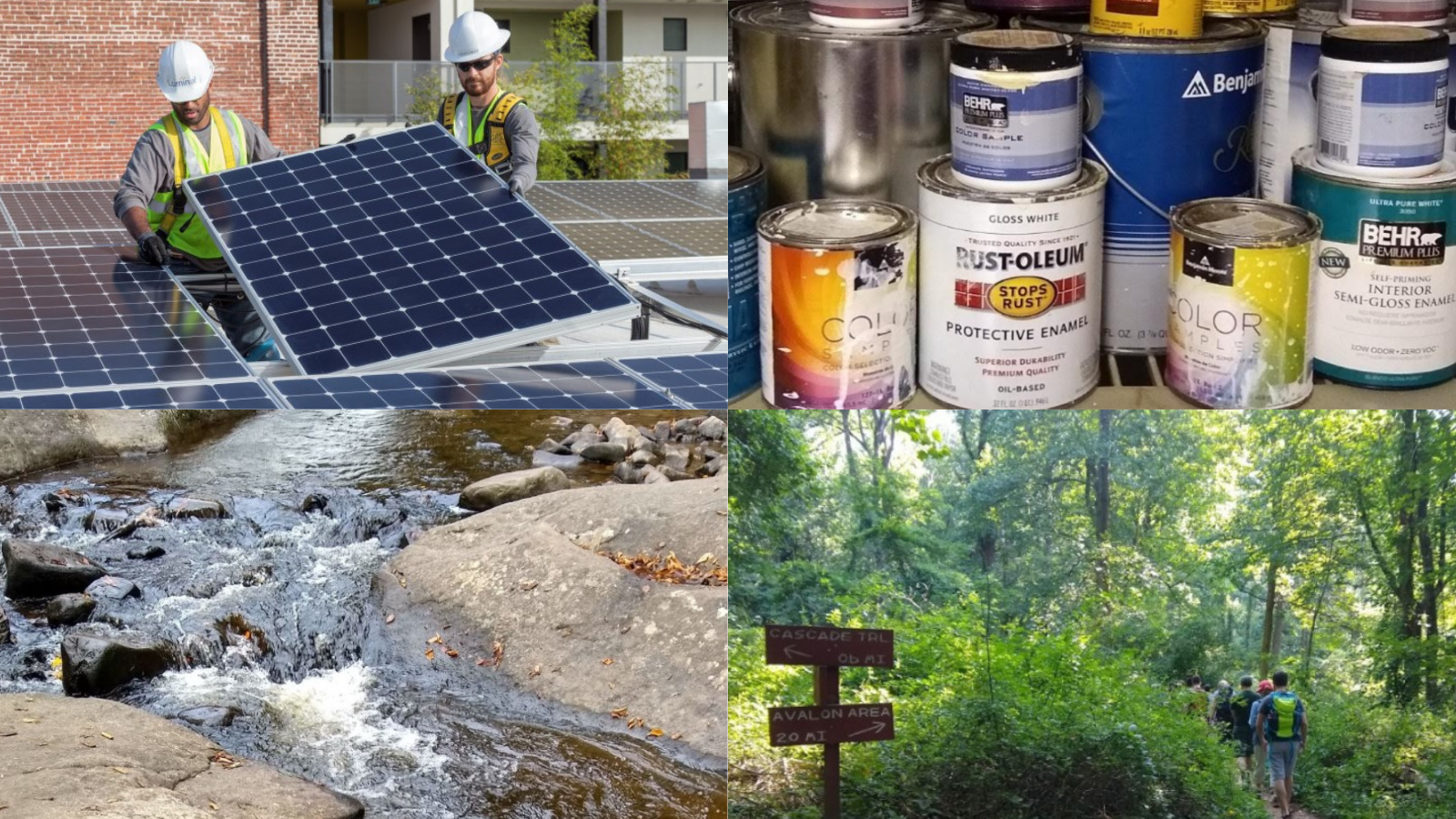 Image of solar panels, river, paint cans, and hiking trail