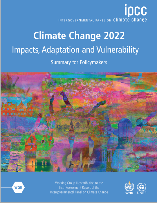 IPCC report, blue cover with striking multicolor arty pic of people with arms up
