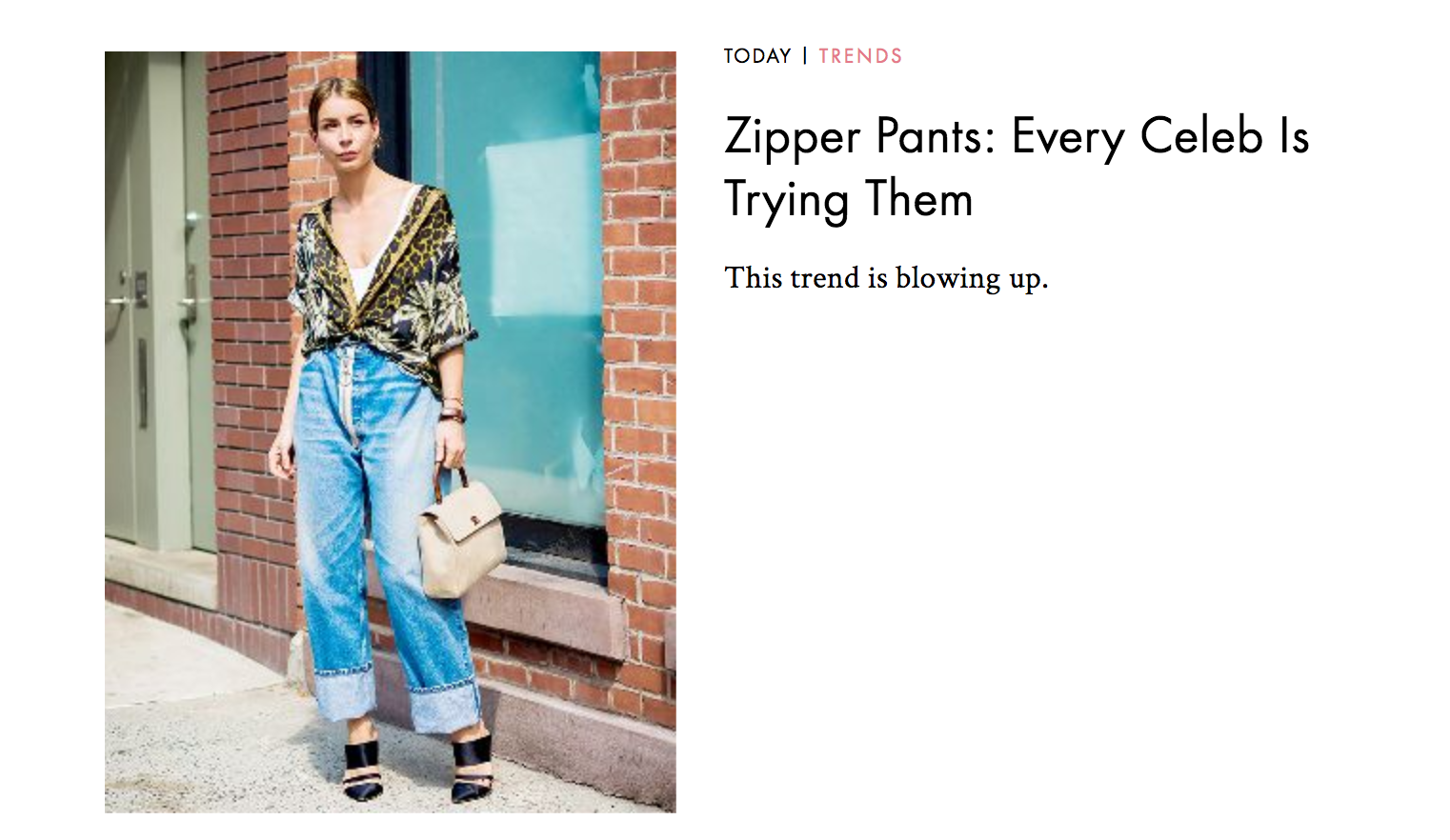 A model wearing jeans with a prominent exposed zipper and the text "Zipper Pants: Every Celeb is Trying Them"