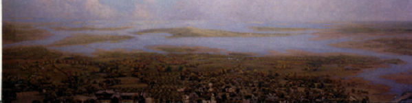 An oil painting representing Harvard Square and the Charles River in 1775