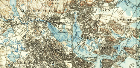 USGS map from 1900 showing extent of coastal marshes along the Mystic River. Credit: MapJunction.com Map Junction North Cambridge 1900 USGS map edited