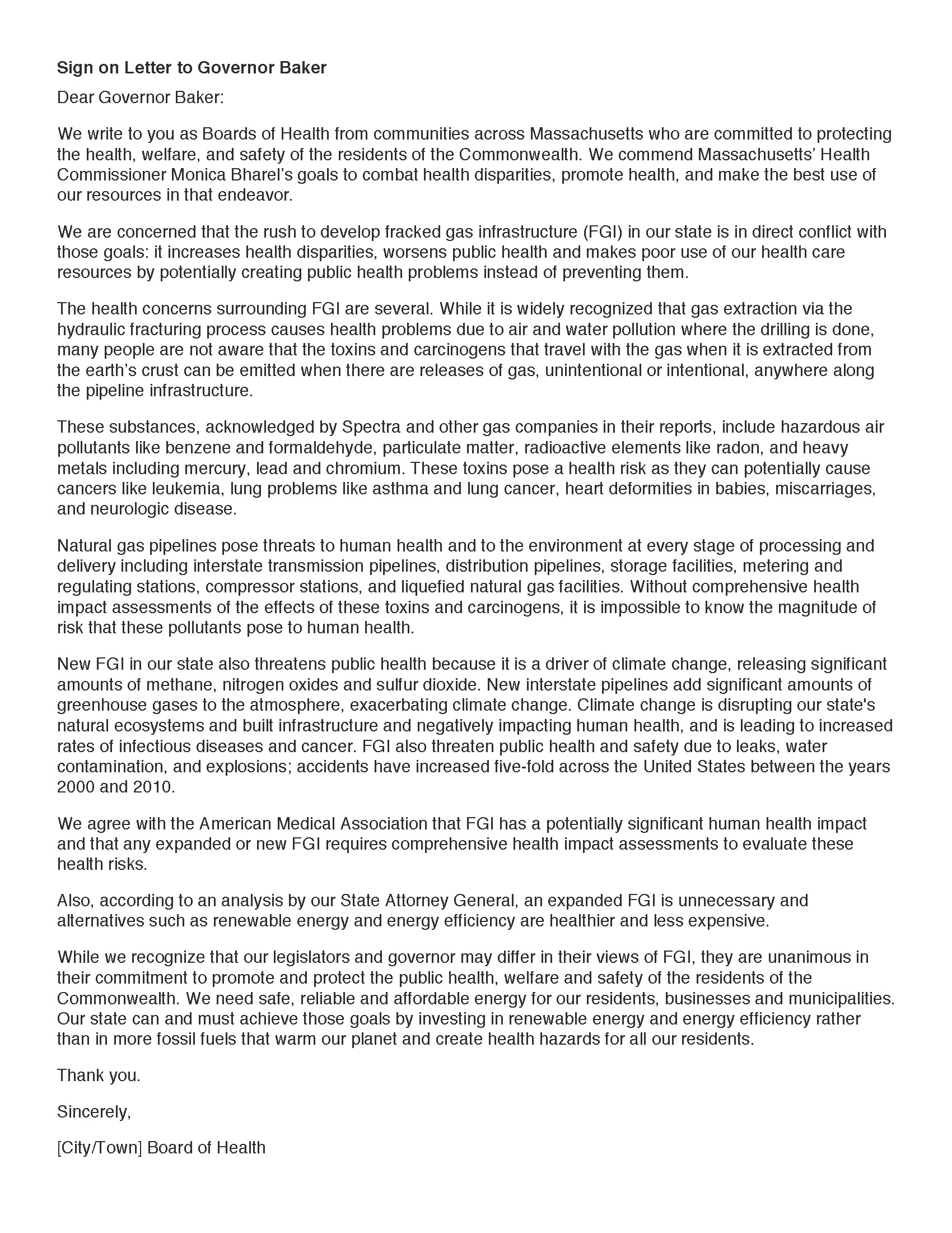 The text of the letter for Boards of Health to send to Governor Baker