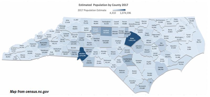 A map of the NC population by county in 2017