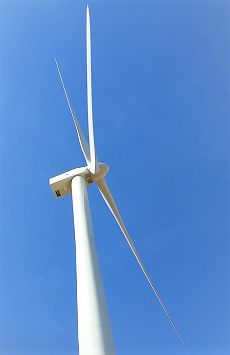 A wind turbine at the Amazon East wind farm near Elizabeth City, NC, is viewed from below against a blue sky