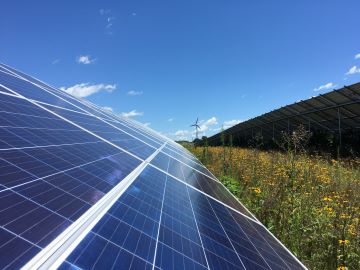 photo of solar panels under a blue sky with a wind turbine in the background